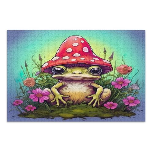 Niedliches Frosch-Pilz-Blumen-Puzzle für Erwachsene, 500 Teile, Familienpuzzle, lustige und farbenfrohe Wandkunst, fertige Größe 50,5 x 37,8 cm von CHIFIGNO