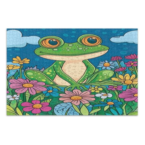 Niedliches Frosch-Puzzle, bunte Blumen, 1000 Teile, Familienpuzzle, lustige und farbenfrohe Wandkunst, fertige Größe 75 x 50 cm von CHIFIGNO