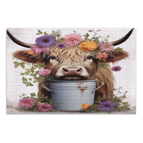 Niedliches Highland-Kuh-Blumen-Puzzle, 500 Teile, lustiges Puzzle, lustige und farbenfrohe Wandkunst, fertige Größe 50,5 x 37,8 cm von CHIFIGNO