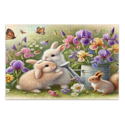 Niedliches Kaninchen, Eichhörnchen, lebendige Blumen, Puzzle, 1000 Teile, Familienpuzzle, lustiges und farbenfrohes Kunstwerk, fertige Größe 75 x 50 cm von CHIFIGNO