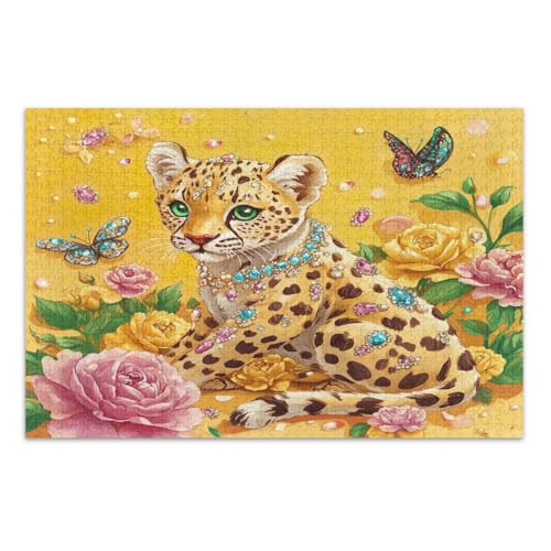 Niedliches Leoparden-Puzzle, Blumen, Schmetterlinge, 500 Teile, lustige und farbenfrohe Wandkunst, fertige Größe 50,5 x 37,8 cm von CHIFIGNO