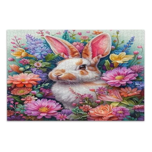 Niedliches Osterhase mit Blumen Puzzles 500 Teile herausforderndes Puzzle für Spieleabende einzigartige Puzzles, fertige Größe 20,5 x 14,9 Zoll von CHIFIGNO