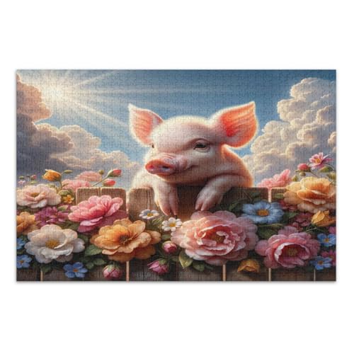 Niedliches Schwein, bunte Blumen, 500-teiliges Puzzle für Erwachsene, einzigartige Puzzles, lustige und farbenfrohe Wandkunst, fertige Größe 50,5 x 37,8 cm von CHIFIGNO