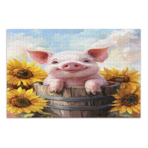 Niedliches Schwein, gelbe Sonnenblumen, 500-teiliges Puzzle, weißer Elefant, Geschenkideen, Familienpuzzle, fertige Größe 50,5 x 37,9 cm von CHIFIGNO