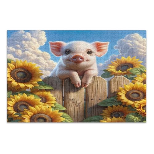 Niedliches Schwein Gelbe Sonnenblumen 500 Teile Puzzles für Erwachsene Lustiges Spiel für Männer Frauen Einzigartige Puzzles, Fertige Größe 20,5 x 14,9 Zoll von CHIFIGNO