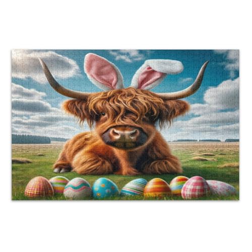 Oster-Puzzle, süßes Hochlandkuh, bunte Eier, 500 Teile, lustiges Spiel für Erwachsene, für Männer und Frauen, schwierige Puzzles, fertige Größe 50,5 x 37,9 cm von CHIFIGNO