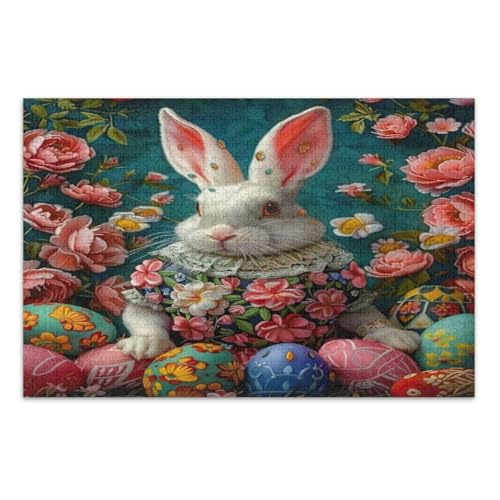 Ostereier-Puzzles mit weißen Hasen, rosa Blumen, 1000 Teile für Erwachsene, lustige und farbenfrohe Kunstwerke, Heimdekoration, fertige Größe 75 x 50 cm von CHIFIGNO