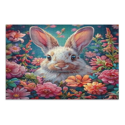 Osterhase mit Blumen, Puzzle, 500 Teile, lustige und farbenfrohe Kunstwerke, Heimdekoration, fertige Größe 50,5 x 37,8 cm von CHIFIGNO