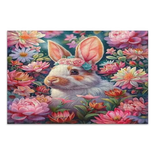 Osterhase mit Blumen, Puzzle für Erwachsene, 500 Teile, coole Puzzles, lustige und farbenfrohe Wandkunst, fertige Größe 50,5 x 37,8 cm von CHIFIGNO