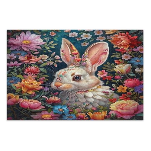 Osterhase mit Blumen Puzzle 1000 Teile Coole Puzzles Herausfordernde Puzzle für Spieleabende, Fertige Größe 29,5 x 19,7 Zoll von CHIFIGNO