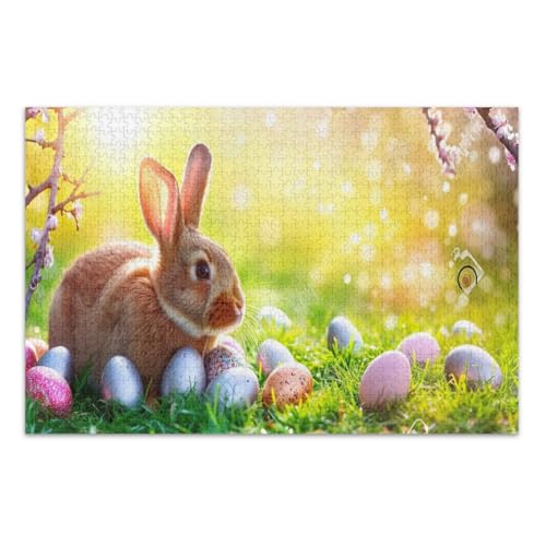 Osterhase mit Eiern und Blumen Puzzle für Erwachsene, 500 Teile, lustiges Puzzle, lustige und farbenfrohe Wandkunst, fertige Größe 50,5 x 37,9 cm von CHIFIGNO