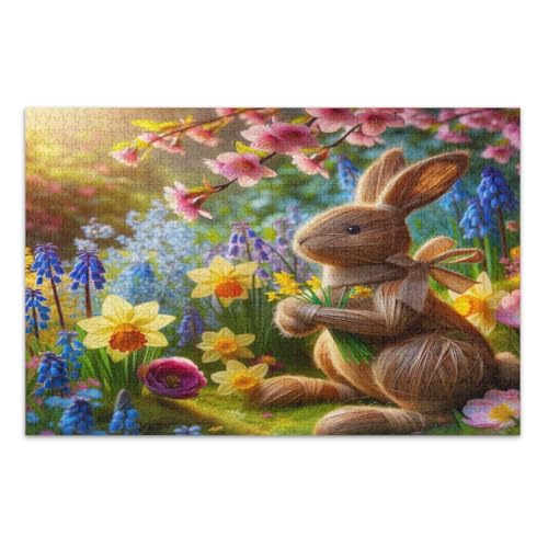 Osterhase mit Frühlingsblumen, Puzzles, 500 Teile, schwierige Puzzles, lustige und farbenfrohe Kunstwerke, Heimdekoration, fertige Größe 50,5 x 37,8 cm von CHIFIGNO