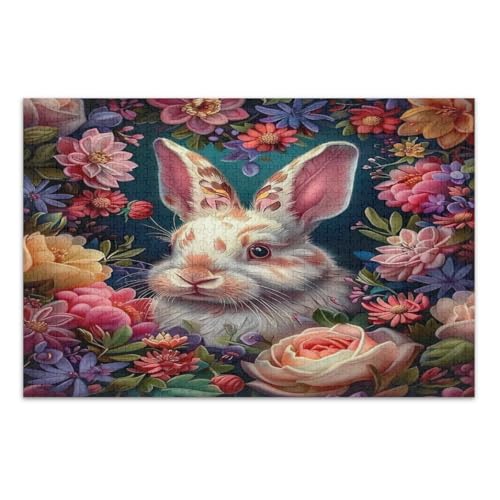 Osterhase mit bunten Blumen, Puzzle, 500 Teile, einzigartige Puzzles, lustige und farbenfrohe Wandkunst, fertige Größe 50,5 x 37,8 cm von CHIFIGNO