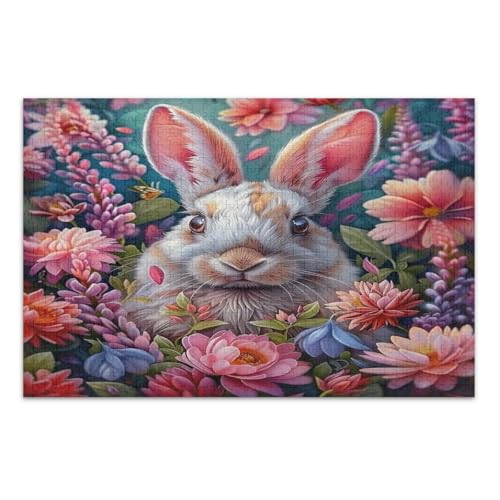 Osterhase mit rosa Blumen, Puzzles für Erwachsene, 1000 Teile, Familienpuzzle, lustige und farbenfrohe Kunstwerke, Heimdekoration, fertige Größe 75 x 50 cm von CHIFIGNO