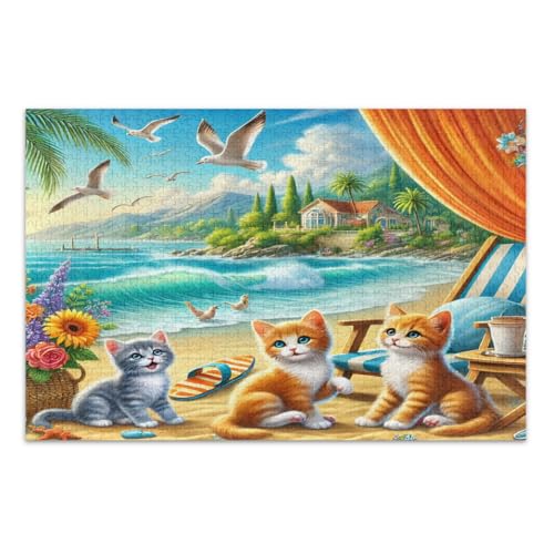 Puzzle, 1000 Teile, Strandszenen, verspielte Katzen, schwierige Puzzle, lustiges Spiel für Männer und Frauen, fertige Größe, 74,9 x 50 cm von CHIFIGNO