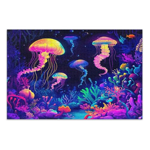 Puzzle 1000 Teile, Neon Cartoon Quallen Lustiges Puzzle Pädagogisches Intellektuelles Puzzle, Fertige Größe 29,5 x 19,7 Zoll von CHIFIGNO