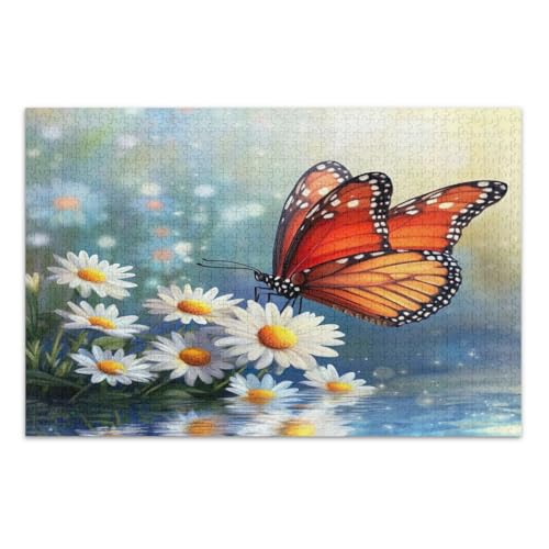 Puzzle 1000 Teile, Schöne Schmetterling Weiß Gänseblümchen Blumen Familie Puzzle Unterhaltung Spielzeug Geburtstagsgeschenk Fertige Größe 29,5 x 19,7 Zoll von CHIFIGNO