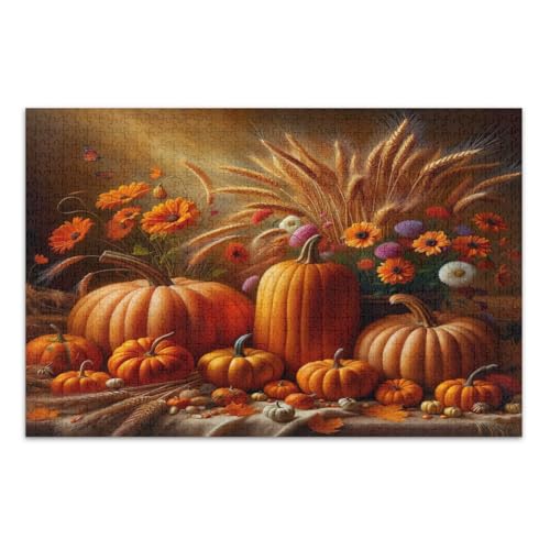 Puzzle 1000 Teile, Thanksgiving Kürbisse Blumen Einzigartige Puzzles Pädagogisches Intellektuelles Puzzle, Fertige Größe 29,5 x 19,7 Zoll von CHIFIGNO