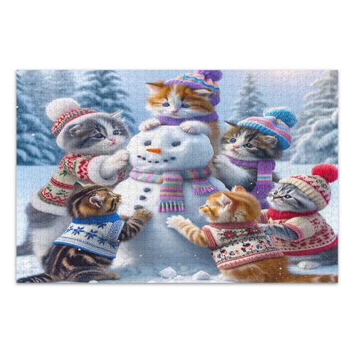 Puzzle 1000 Teile, niedliche Katzen Schneemann Coole Puzzles Unterhaltung Spielzeug Geburtstagsgeschenk Fertige Größe 29,5 x 19,7 Zoll von CHIFIGNO