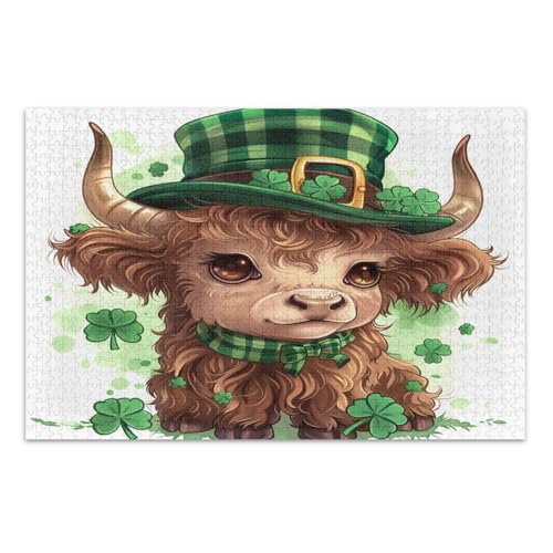 Puzzle 1000 Teile für Erwachsene, niedliche St. Patrick's Day Highland Cow Lustige Puzzles Herausfordernde Familienaktivität, Fertige Größe 29,5 x 19,7 Zoll von CHIFIGNO