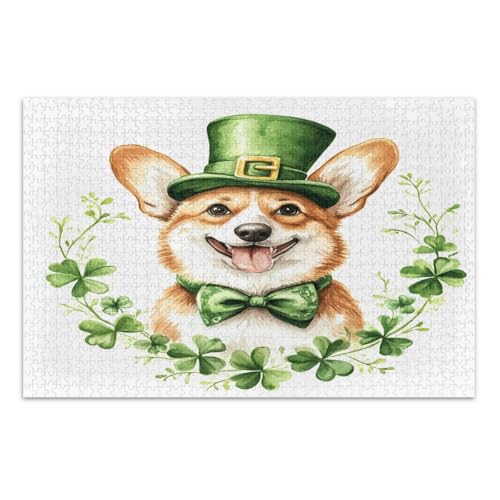 Puzzle 500 Teile, Aquarell Kleeblatt St. Patrick's Day Hund, lustige Puzzles, weißer Elefant, Geschenkideen, fertige Größe 50,5 x 37,8 cm von CHIFIGNO