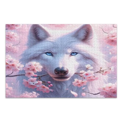 Puzzle 500 Teile Erwachsene, Weißer Wolf Kirschblüte Lustiges Puzzlespiel für Männer Frauen, Fertige Größe 20,5 x 14,9 Zoll von CHIFIGNO