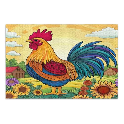 Puzzle 500 Teile für Erwachsene, bunter Hahn, niedliche Sonnenblumen, Familienpuzzle, lustige und farbenfrohe Kunstwerke, fertige Größe 50,5 x 37,9 cm von CHIFIGNO