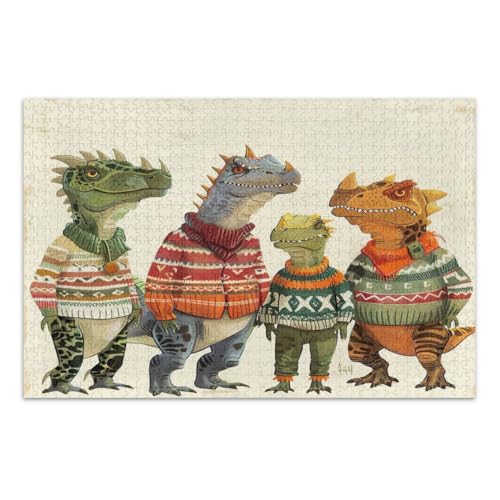 Puzzle Dinosaurier in Pullovern, 500 Teile, lustige und farbenfrohe Wandkunst, lustige Puzzles, fertige Größe 50,5 x 37,8 cm von CHIFIGNO