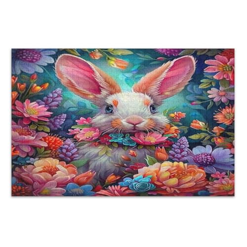 Puzzle für Erwachsene, Osterhase mit Blumen, Familienpuzzle, lustige und farbenfrohe Wandkunst, fertige Größe 50,5 x 37,8 cm, 500 Teile von CHIFIGNO