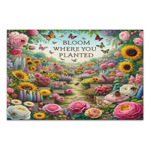 Puzzle mit Blumen mit Bienen und Schmetterlingen, 500 Teile, lustiges Puzzle, lustige und farbenfrohe Wandkunst, fertige Größe 50,5 x 37,8 cm von CHIFIGNO