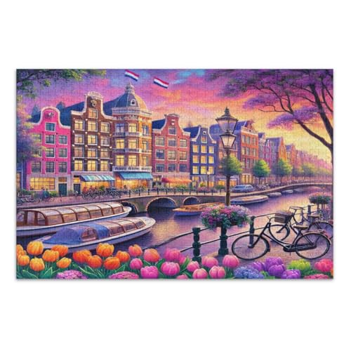 Puzzle mit bunten Gebäuden und Blumen, 1000 Teile, einzigartige Puzzles, lustige und farbenfrohe Kunstwerke, fertige Größe 75 x 50 cm von CHIFIGNO