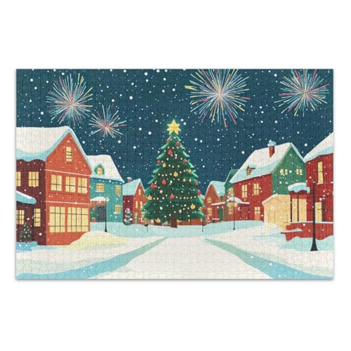 Puzzle mit verschneiter Weihnachtsnachtszene für Erwachsene, 500 Teile, schwierige Puzzles, lustige und farbenfrohe Wandkunst, fertige Größe 50,5 x 37,8 cm von CHIFIGNO