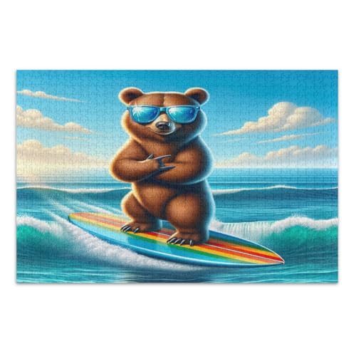 Puzzles, 500 Teile, lustiger Surfbär, blaue Brille, lustige und farbenfrohe Kunstwerke, fertige Größe 50,5 x 37,8 cm von CHIFIGNO