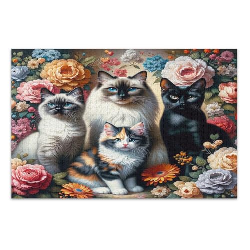 Puzzles 1000 Teile, vier Katzen mit floralen coolen Puzzles, lustige und farbenfrohe Kunstwerke, Heimdekoration, fertige Größe 75 x 50 cm von CHIFIGNO