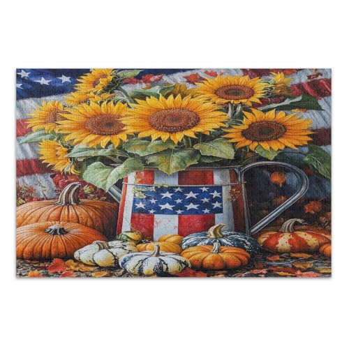 Puzzles 1000 Teile für Erwachsene, Retro Sonnenblumen Kürbisse Amerikanische Flagge Familienpuzzle Weißer Elefant Geschenkideen, Fertige Größe 29,5 x 19,7 Zoll von CHIFIGNO