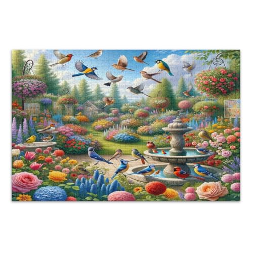 Puzzles 500 Teile für Erwachsene, Gartenbrunnen Vögel, bunte Blumen, lustiges Puzzle, herausfordernde Familienaktivität, fertige Größe 50,5 x 37,9 cm von CHIFIGNO