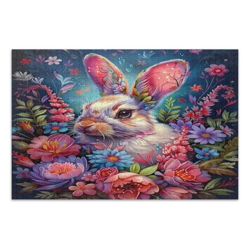 Puzzles für Erwachsene, 1000 Teile, Osterhase mit Blumen, Familienpuzzles, lustige und farbenfrohe Kunstwerke, Heimdekoration, fertige Größe 75 x 50 cm von CHIFIGNO