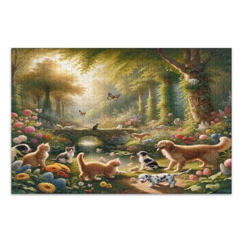 Puzzles für Erwachsene, 1000 Teile, niedliche Katzen, Hunde, bunte Blumen, einzigartiges Puzzle, lustiges Spiel für Männer und Frauen, fertige Größe 75 x 50 cm von CHIFIGNO