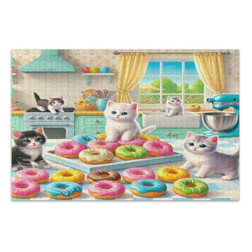 Puzzles für Erwachsene, 1000 Teile, verspielte Küchenkätzchen, bunte Donuts, lustige und farbenfrohe Kunstwerke, Heimdekoration, fertige Größe 75 x 50 cm von CHIFIGNO