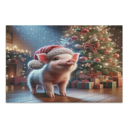 Puzzles für Erwachsene 1000 Teile, süßes Weihnachtsschwein-Familienpuzzle herausfordernde Familienaktivität, fertige Größe 29,5 x 19,7 Zoll von CHIFIGNO