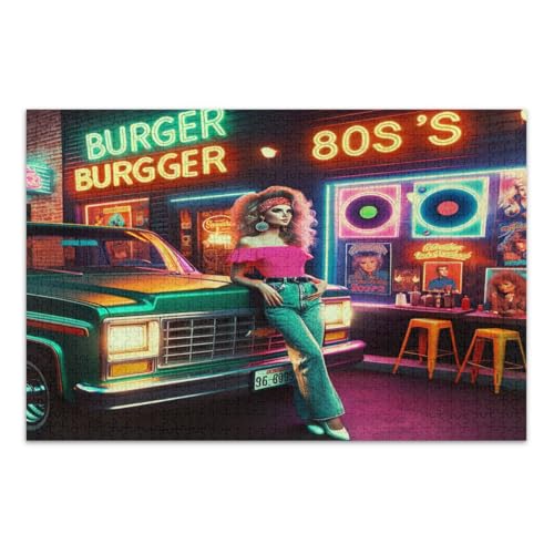 Retro American Burger Restaurant 500 Teile Puzzles für Erwachsene, lustige und farbenfrohe Kunstwerke, Familienpuzzles, fertige Größe 50,5 x 37,9 cm von CHIFIGNO