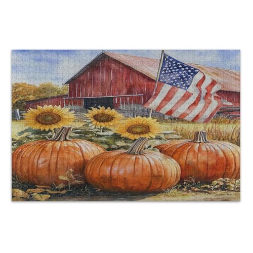 Retro Kürbisse Sonnenblumen Amerikanische Flagge 500 Teile Puzzles für Erwachsene Weiß Elefant Geschenkideen Lustige Puzzles, Fertige Größe 20,5 x 14,9 Zoll von CHIFIGNO