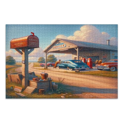 Retro Road Service Station Puzzle 500 Teile Erwachsene Familienpuzzles Spaß und bunte Kunstwerke, fertige Größe 50,5 x 37,8 cm von CHIFIGNO