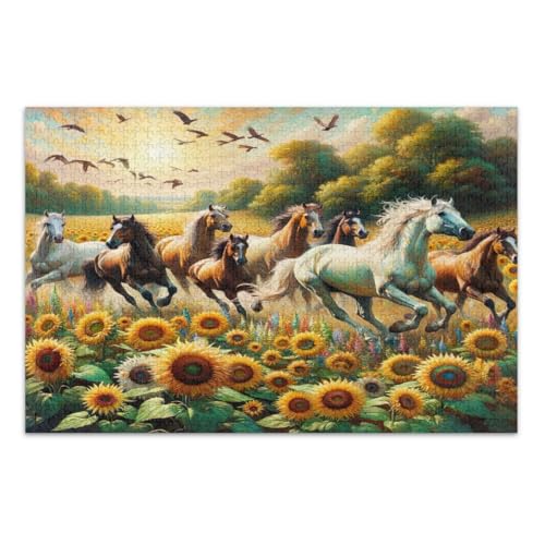 Retro Sonnenblumen Pferde Puzzles 500 Teile, Familienpuzzle Pädagogisches Intellektuelles Puzzle, Fertige Größe 20,5 x 14,9 Zoll von CHIFIGNO