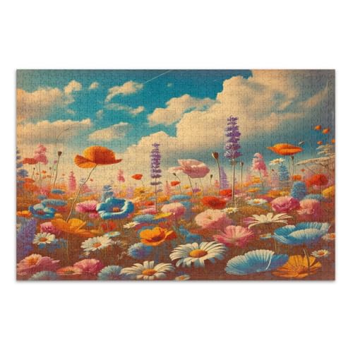 Retro-Wildblumen-Puzzle, 1000 Teile, lustiges und farbenfrohes Kunstwerk, Heimdekoration, schwierige Puzzles, fertige Größe 75 x 50 cm von CHIFIGNO