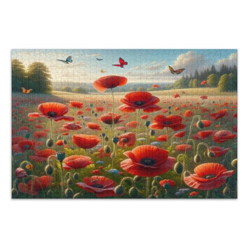 Rote Mohnblumen Puzzles 500 Teile für Erwachsene Lustiges Spiel für Männer Frauen Schwierige Puzzles, Fertige Größe 20,5 x 14,9 Zoll von CHIFIGNO