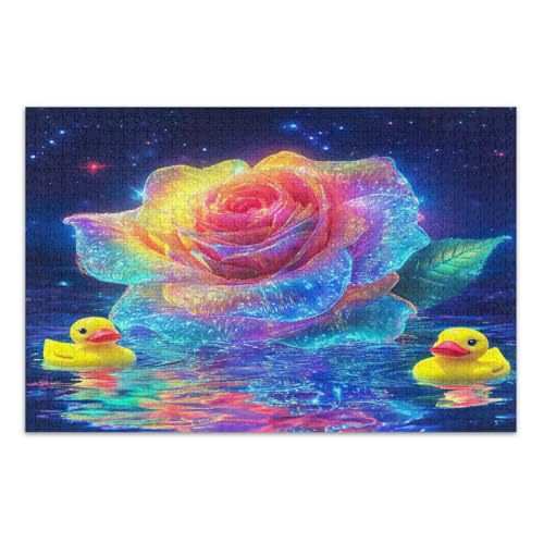 Schöne Regenbogen-Rosen-gelbe Enten 500 Teile Puzzles für Erwachsene, schwierige Puzzles, lustige und farbenfrohe Kunstwerke, fertige Größe 50,5 x 37,8 cm von CHIFIGNO