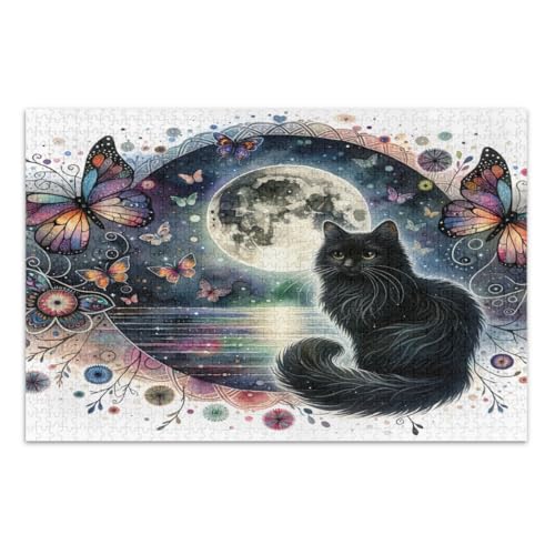 Schwarze Katze, bunte Schmetterlinge, Puzzle, 500 Teile, lustige Puzzles, herausforderndes Puzzle für Spielabende, fertige Größe 50,5 x 37,9 cm von CHIFIGNO