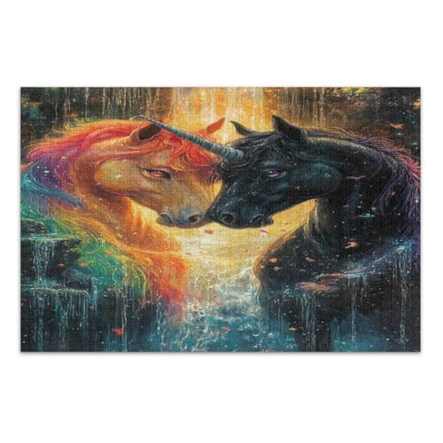 Schwarze Regenbogen-Einhörner-Puzzle, 500 Teile, für Erwachsene, lustiges Puzzle, lustiges und farbenfrohes Kunstwerk, fertige Größe 50,5 x 37,8 cm von CHIFIGNO