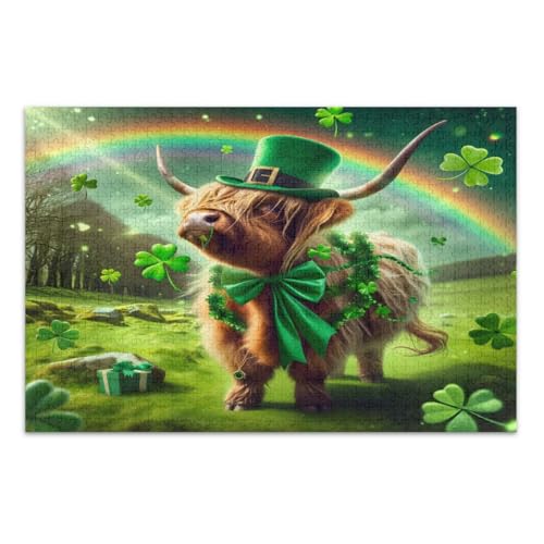 St. Patrick's Day Highland Cattle Green Puzzles 500 Teile Pädagogisches Intellektuelles Puzzle Familienpuzzle, Fertige Größe 20,5 x 14,9 Zoll von CHIFIGNO